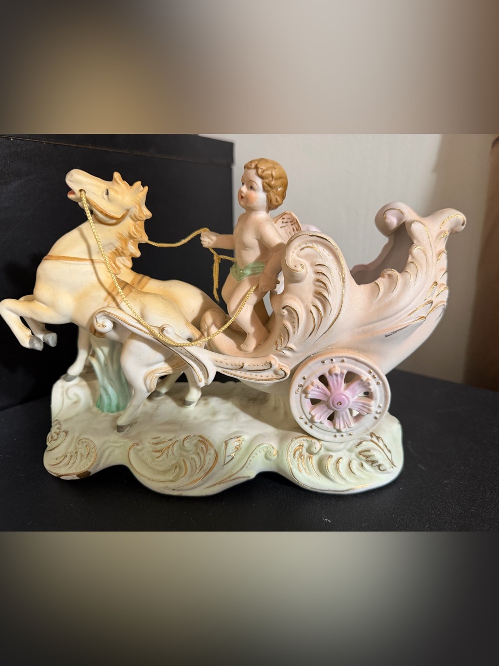Antique  Porcelain Cherub Horse-Drawn Carriage Figurine i
